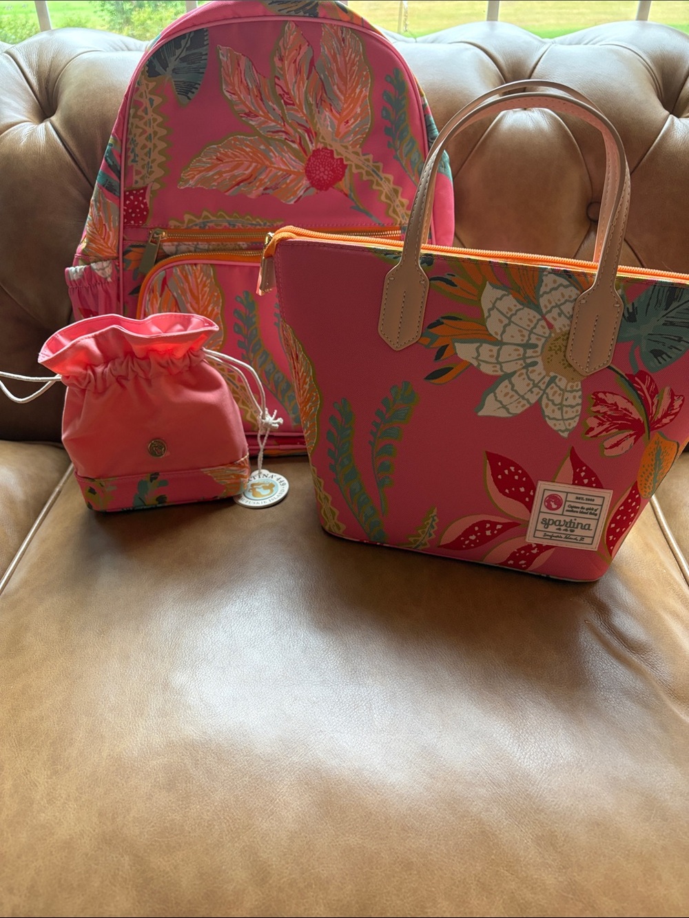 Spartina 449 Queenie Tropical Floral Pink Drawstring Pouch, Backpack & Lunch Set